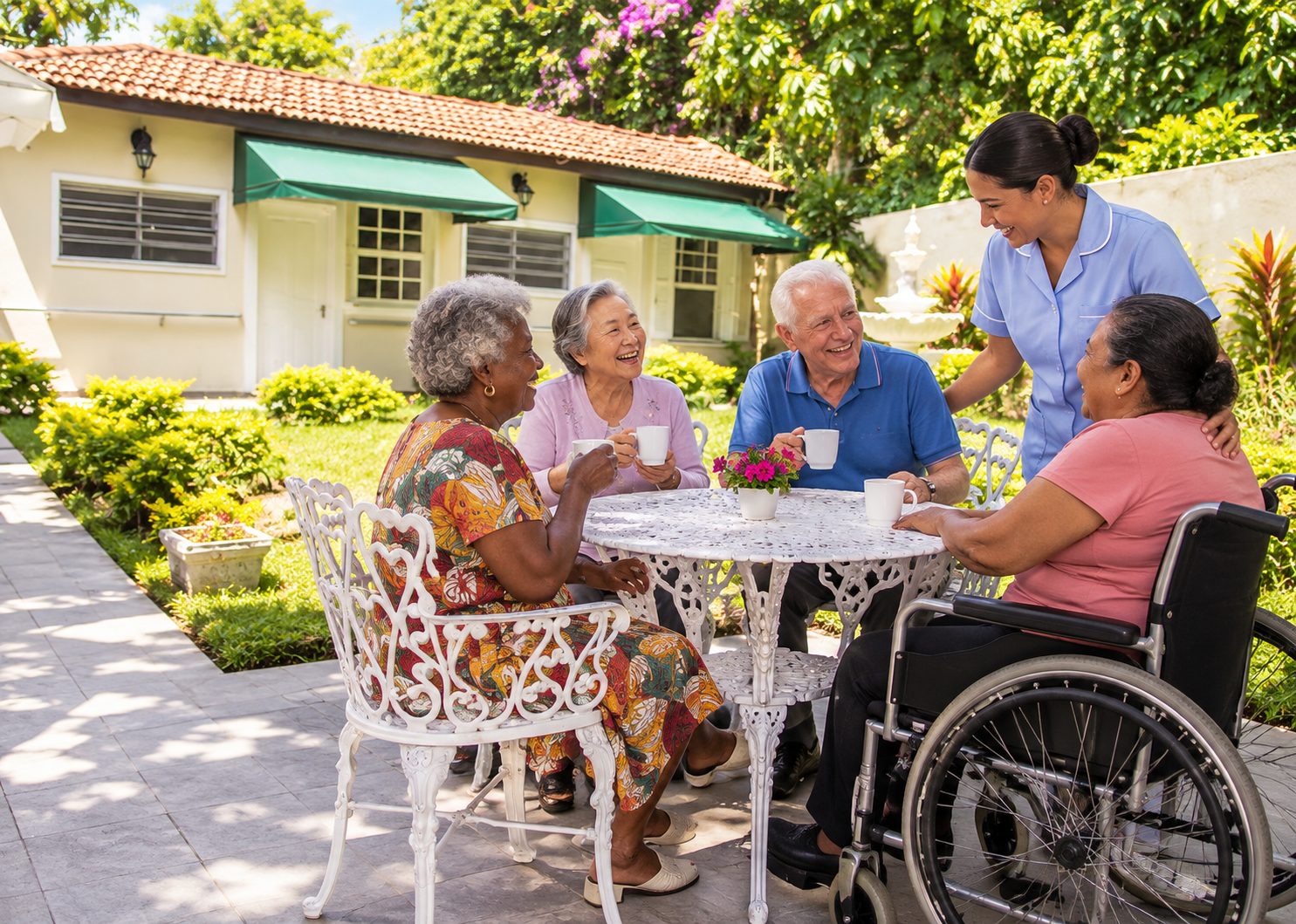 Grupo de residentes tomando café e conversando no jardim com a cuidadora