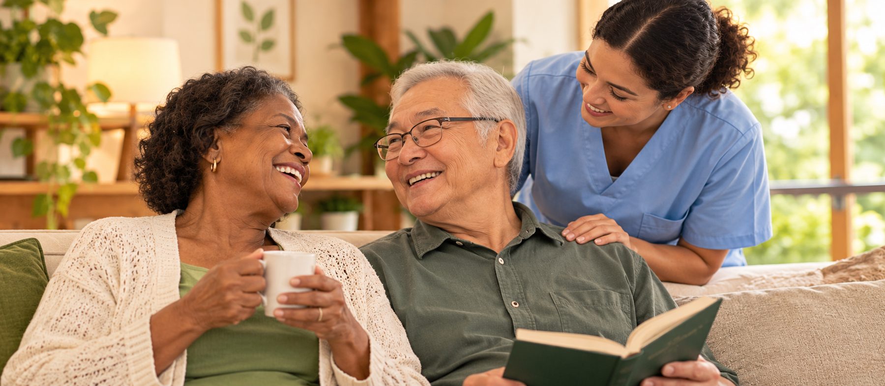 Residentes sorrindo e conversando na sala com a cuidadora